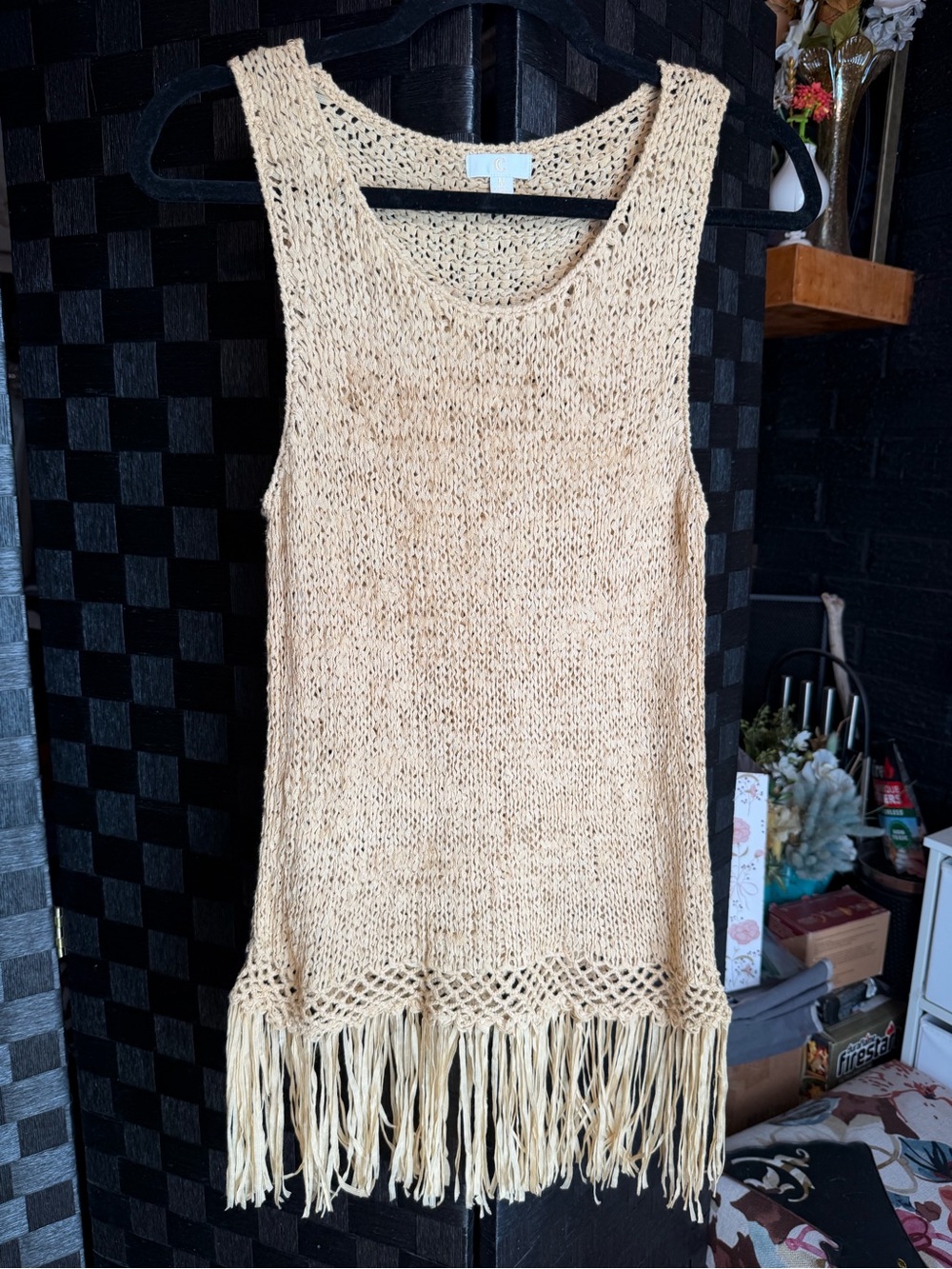 Charming Charlie Beige Crochet Fringe Tank Top